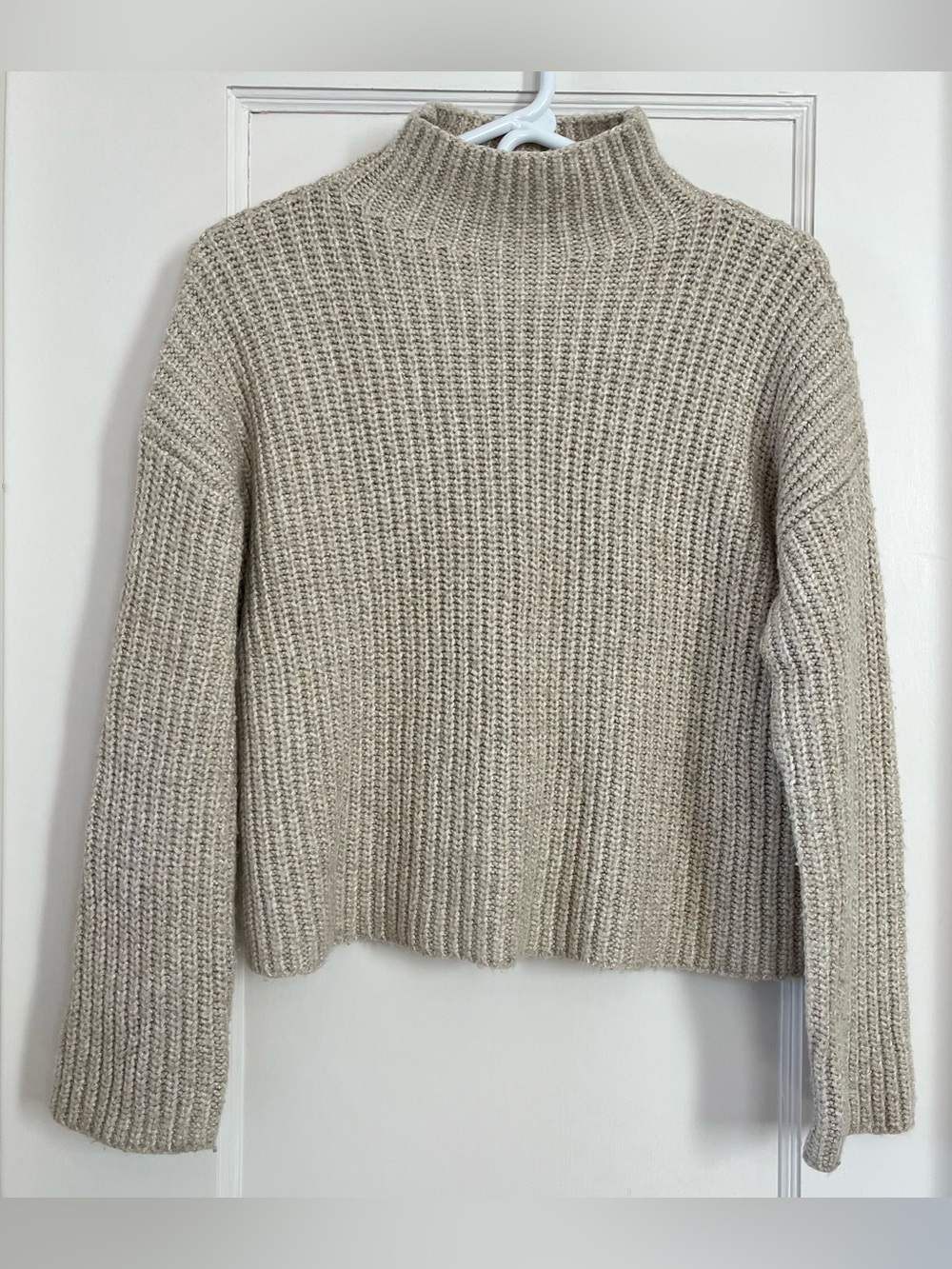 Halogen Knit Mock Neck Metallic Gold Thread Sweater Beige Large
